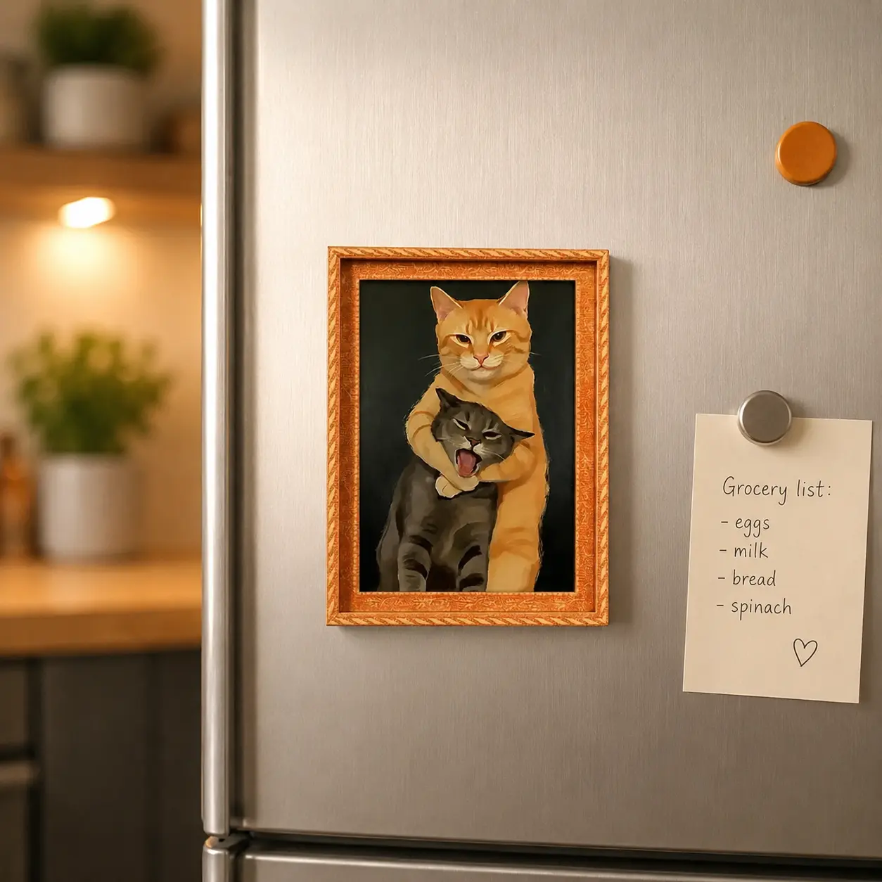 Funny Cats Hugging Wooden Fridge Magnet Vintage Orange Cat Grey Cat Portrait Refrigerator Magnet Cute Kitchen Decor