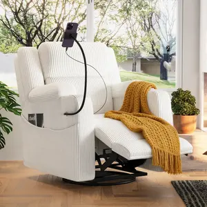 Electric Power Recliner Chair with Heat and Massage, 270° Swivel Rocker Recliner with Phone Holder & USB Ports, Power Nursery Glider with Hidden Storage, Side Pockets, Cup Holder, Beige