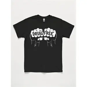Men'S Drug Free Sobriety T-Shirt - Addiction Recovery Shirt with Fist Design, Heavyweight 220gsm Black Tee for AA/NA Meetings, Anniversary Gifts - Non-Stretch Casual Everyday Shirt for sober living, Bold Dripping Text Print