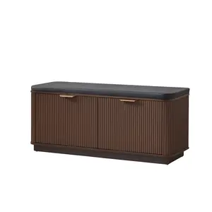 Giratree 43.3" Fluted Shoe Rack Bench with Cushion, 4-Door or 3-Tier Entryway Shoe Storage Bench with Adjustable Shelves, Modern Flip Drawer Shoe Organizer Bench for Entryway, Bedroom, Hallway, Living Room