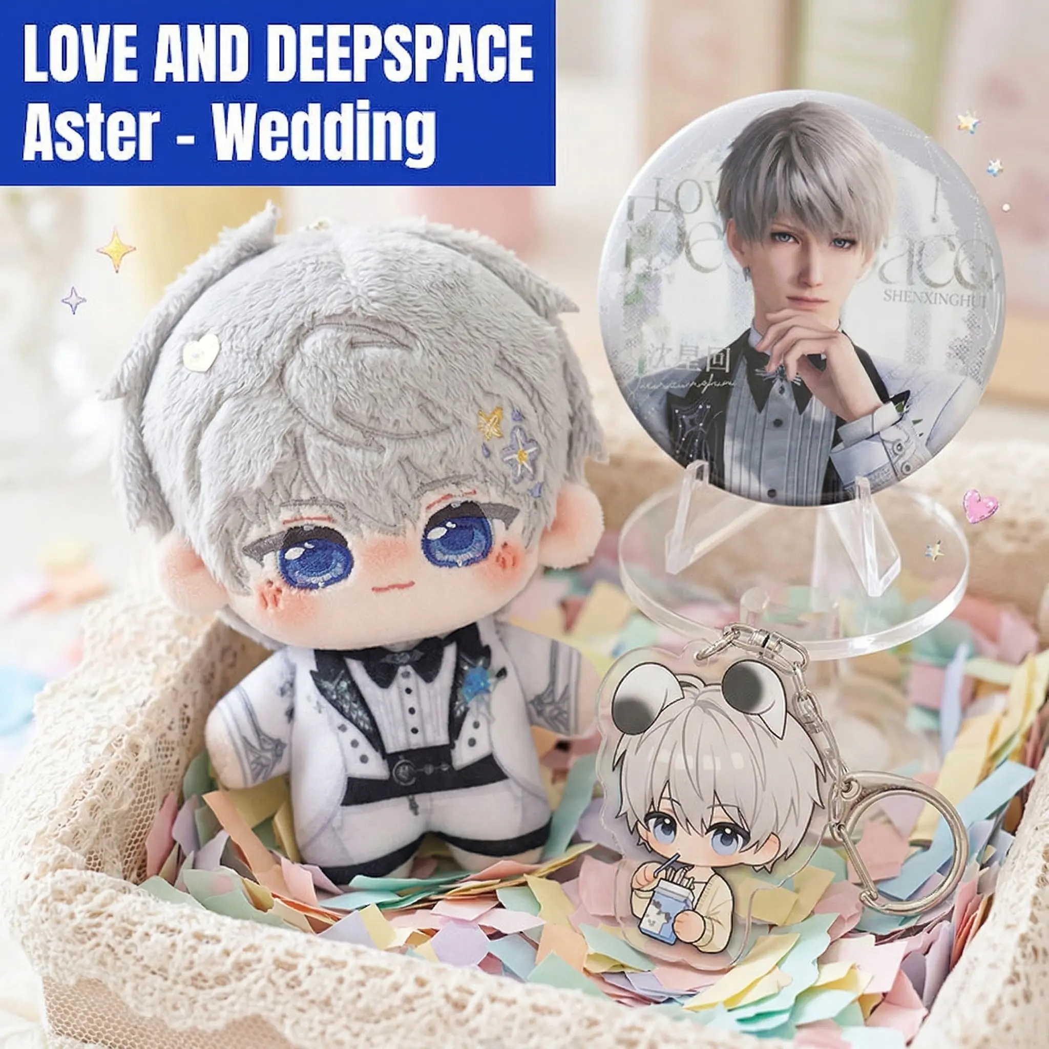 3pcs, Love and Deepspace Anime Plush Doll + Badge + Aesthetic Keychain, Anime Merchandise, Collectible Stuffed Character Figure, Premium Soft Toy - Keychain Bag Car Charm, Desk Shelf Room Decor, Birthday Christmas Valentine Party Gift for Anime Fans Teens