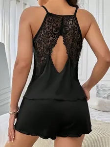 Women's Plus size solid color lace patchwork backless camisole shorts sleepwear home suit set