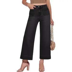 Cropped Jeans for Women Trendy Wide Leg High Waisted Patch Pocket Stretchy Denim Pants Short Trouser Jeans