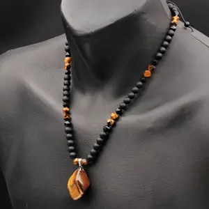 Big Original Tiger Eye Pendant Bead Necklace Men's Black Onyx String Beads Chain-Men's Long Adjustable Protection Necklace Christmas Gift