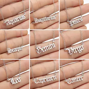 12 Constellation Jewelry Stainless Steel Zodiac Letter Necklace Aries Virgo Leo Taurus Gemini Cancer Old English Necklace Collar