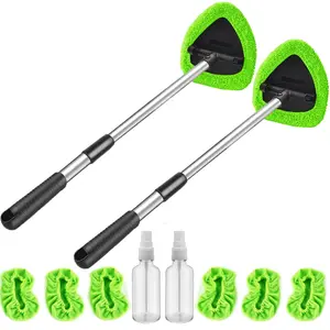 Windshield Cleaner Tool Car Window Cleaning Supplies with Extendable Handle Include 8 Washable Microfiber Bonnets 2 Empty Spray Bottle Glass Wiper Kit(Green) Cleaning Kit Universal for Office and Home