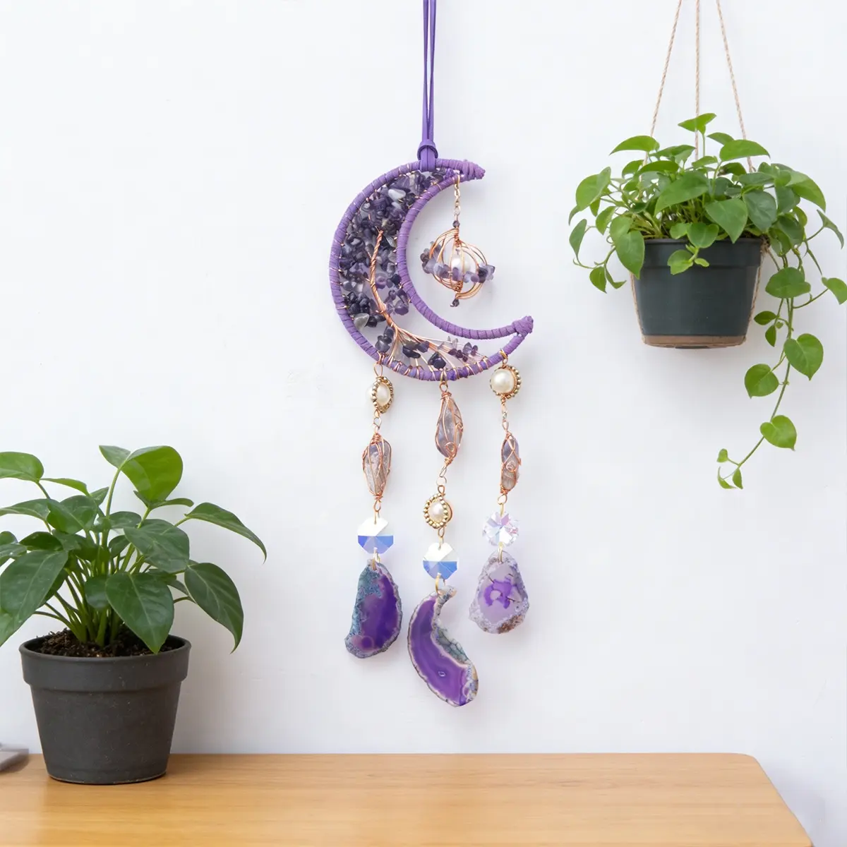 DREAMSUM Purple Dream Catcher Wall Decoration, Wall Hanging Ornament, Handmade Copper Wire Wrapping Gravel Tree of Life, Natural Agate Pendant, Spiritual Wall Decor, Unique Wall Decor, Home Living Room & Courtyard Hanging Decoration, Christmas Gift