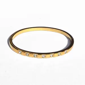Bright Bangle - Stainless Steel with Gold Plating and Cubic Zirconia Stones for Women's Fashion
