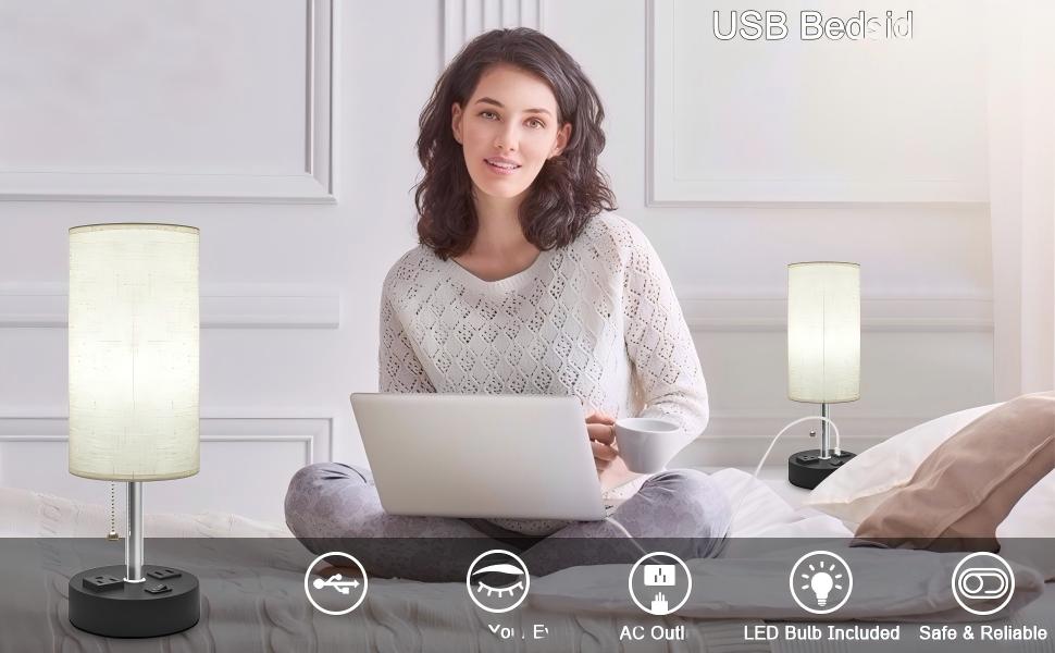 Sailstar Table Lamp for Bedroom, USB Bedside Lamp Nautral Daylight Modern Nightstand lamp with USB Port to Recharging, AC Outlets Fabric Linen Shade,LED Bulb Included Perfect for Living Room, Bedroom