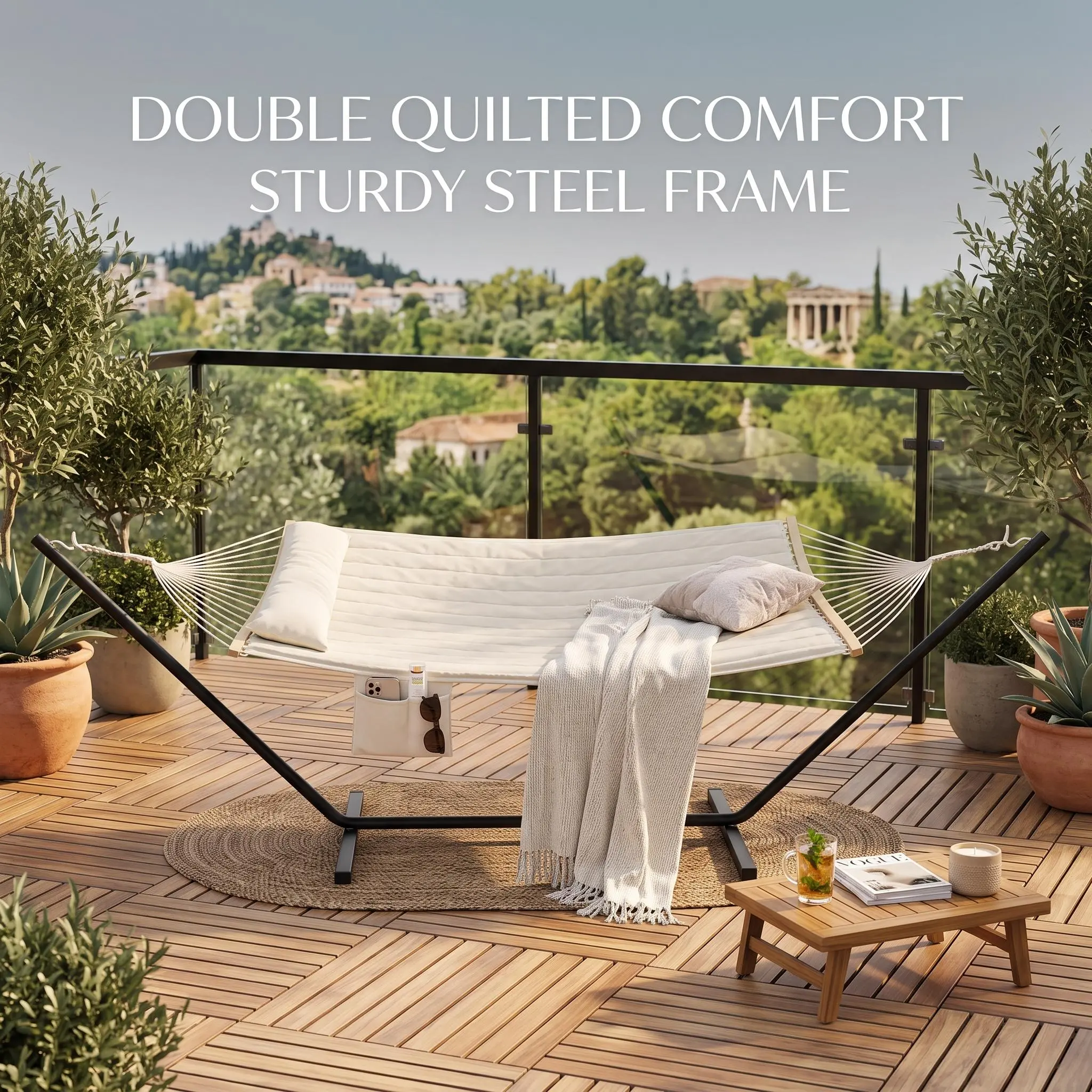 Double Hammock with Stand - 475 Lbs Heavy Duty Capacity for 2 Adults, Portable Set with Breathable Cotton Rope & Quilted Pad, Backyard Camping Use