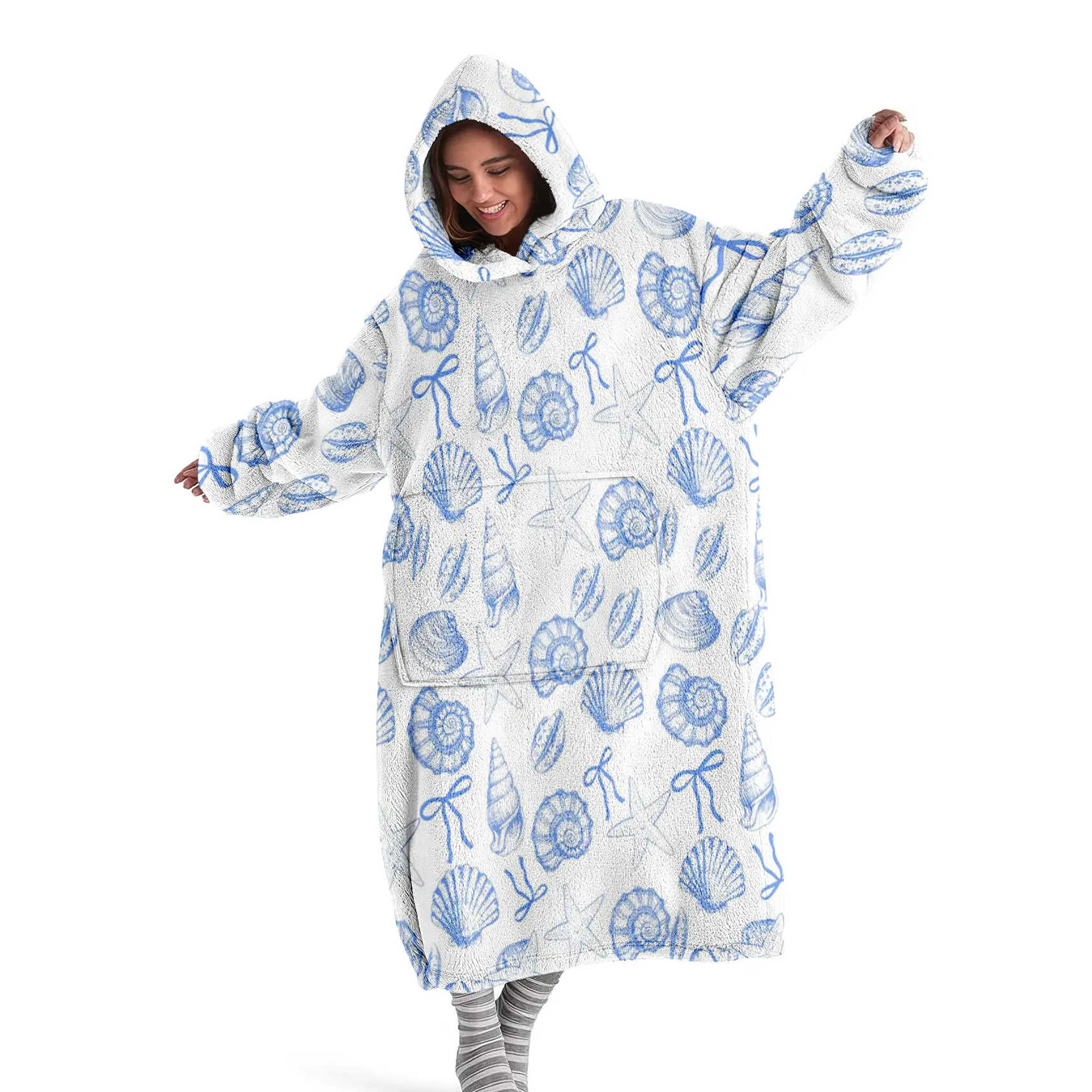 hoodie blanket，Wearable Blanket，Unisex Hooded Blanket, Wearable Beach Style Shell Bow Print, Warm Comfortable Hoodie Blanket with Large Pocket, Holiday Gift，Christmas Gift,Valentine's Day gift, Lightweight Cozy Blanket