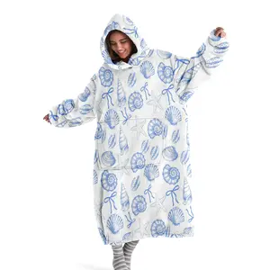 hoodie blanket，Wearable Blanket，Unisex Hooded Blanket, Wearable Beach Style Shell Bow Print, Warm Comfortable Hoodie Blanket with Large Pocket, Holiday Gift，Christmas Gift,Valentine's Day gift, Lightweight Cozy Blanket