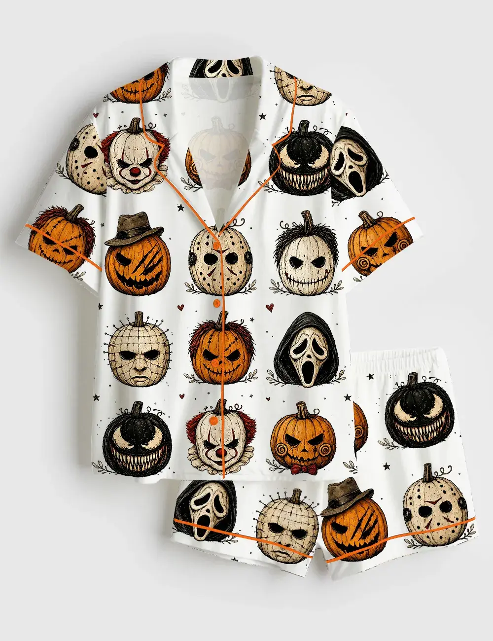 Women’s Horror Movie Pumpkins Scary Halloween Long Sleeve Silky Satin Pajama Set
