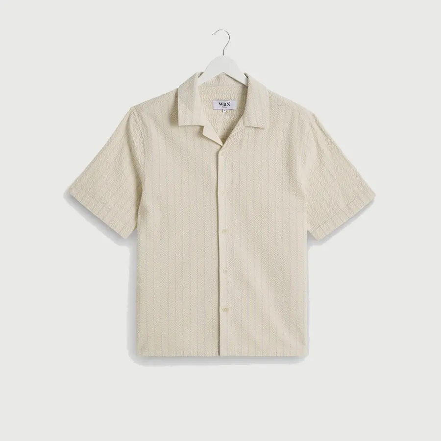 Wax London Didcot - SS Seersucker Stripe - 'Ecru/Blue'