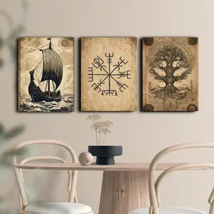 Vintage Nordic & Viking Themed Canvas Painting, 3 Counts/set Tree & Viking Ship Pattern Wall Art, Wall Decor for Home Living Room Bedroom Office, Ornaments