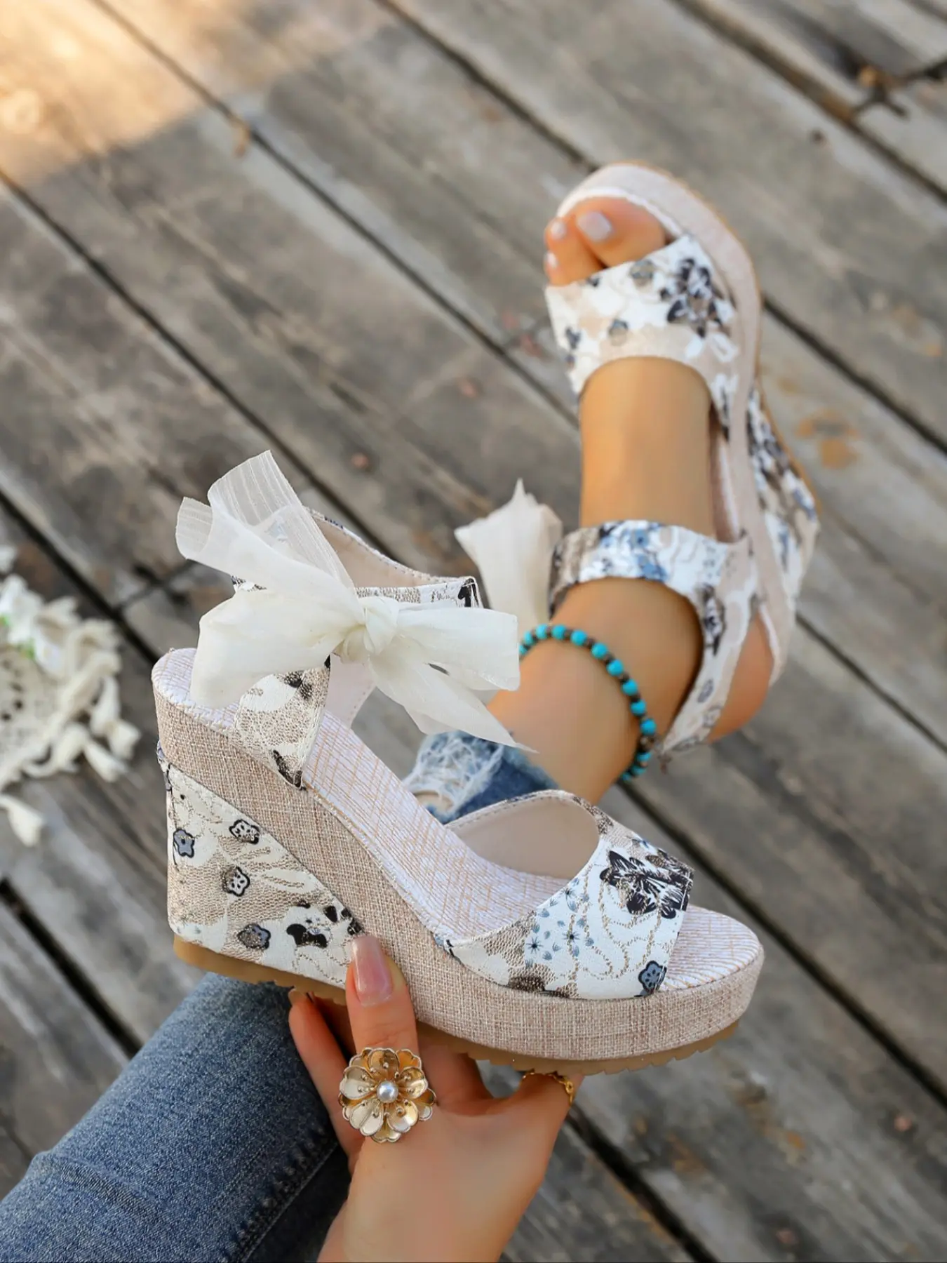Bohemian Floral Print Wedge Sandals for Women | Thick Bottom Comfortable Summer Shoes with Bow Strap Thick Sole