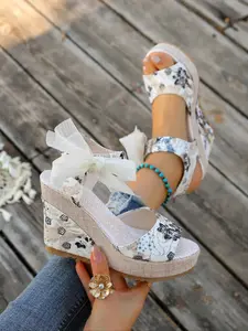 Bohemian Floral Print Wedge Sandals for Women | Thick Bottom Comfortable Summer Shoes with Bow Strap Thick Sole