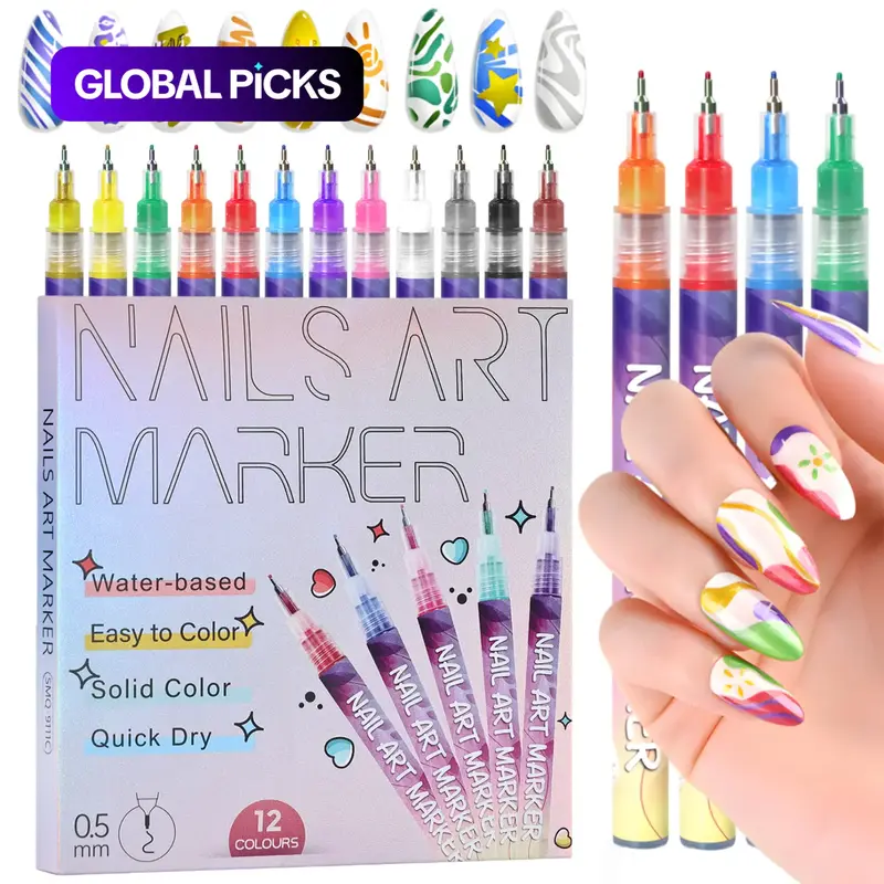 12-Color Nail Art Pen Set, Quick-Drying Acrylic Paint Nail Art Markers, DIY Manicure Nail Art Design Pens for Home Salon Use, Nail Polish Design Tools, Nail Art Product #GLOBAL PICKS