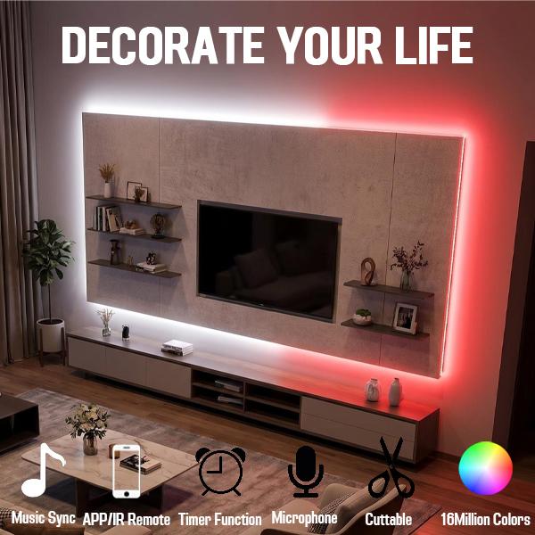100ft RGB LED Strip Lights, APP & IR Remote Dual Control, Music Sync, 16M Colors, Dimmable, Timer, Cuttable for Bedroom, Gaming Room, Home Party Ambient Decor & TV Backlight
