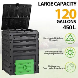 Outdoor Garden Compost Bin, 120gal Polypropylene Model with 80 Vents for Fast Composting, Easy Assembly, and Sliding Doors
