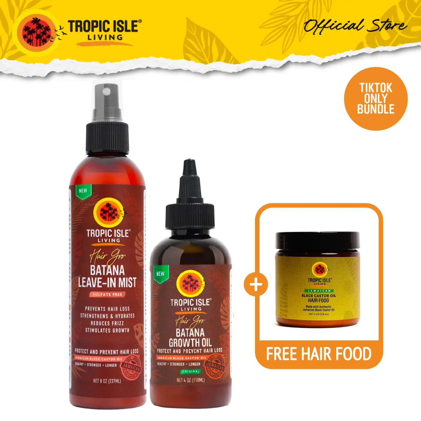 Tropic Isle Living Batana Hair Growth Bundle with FREE Hair Food Coconut | Restore, Strengthen & Thicken | Great for Lash Serum & Hair Oil
