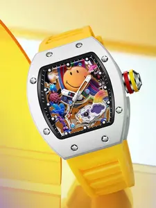 Trendy Smiley Hollow Out Wine Barrel Sports Glow-In-The-Dark Waterproof Quartz Watch, Analog Button Cell Battery, Batteries Included