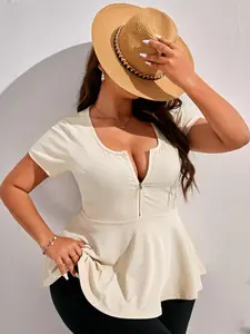 Plus Size Solid Peplum Zipper Square Neck Tee, Casual Short Sleeve T-shirt for Summer, Women's Plus Clothing for Daily Wear