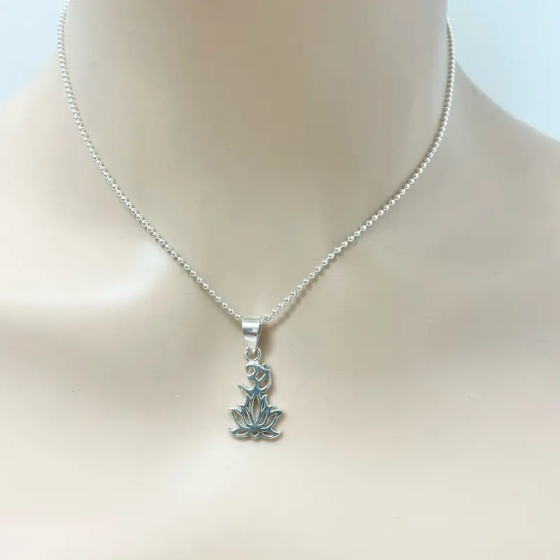 Sterling Silver 925 Lotus Flower Om Necklace Chain 16” Jewelry