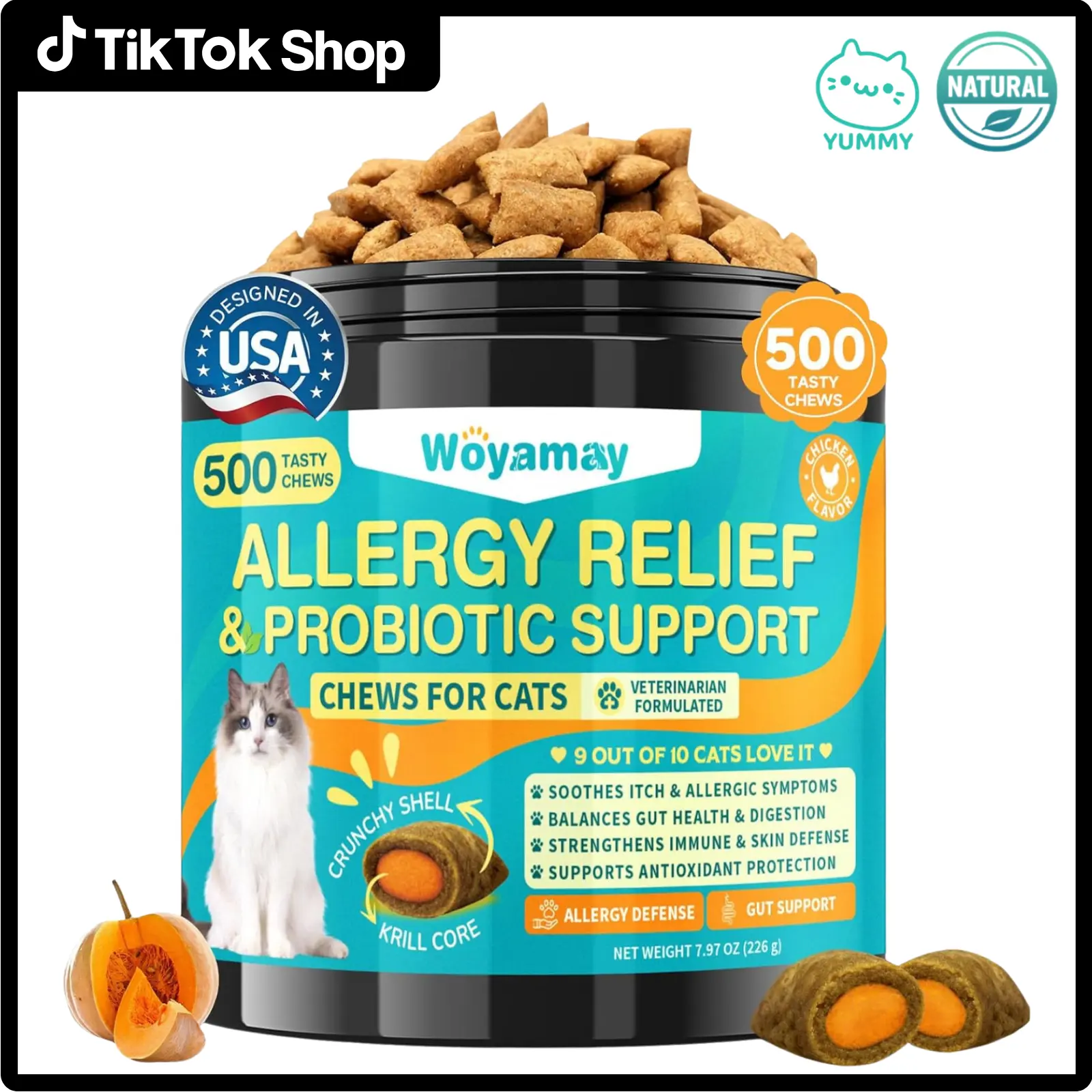 Woyamay Cat Allergy & Immune Support with Probiotics, 500 Crunchy Cat Probiotic & Allergy Chewables for Itching | Scratching | Licking | Swollen Relief, Probiotics for Cats Digestion Gut Health, Chicken Flavor #DealsForYouDays #SummerWins