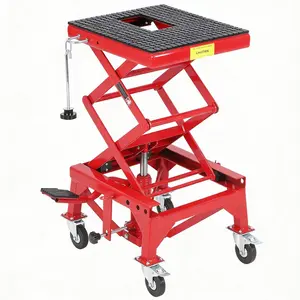 Hydraulic Motorcycle Lift Table, 350 LB Capacity Foot Operated Motorcycle Scissor Jack with 4 Wheels & Wide Deck & J-Hooks, 13.3-33.4 in Lifting Height, Ideal for ATV Dirt Bikes, Red