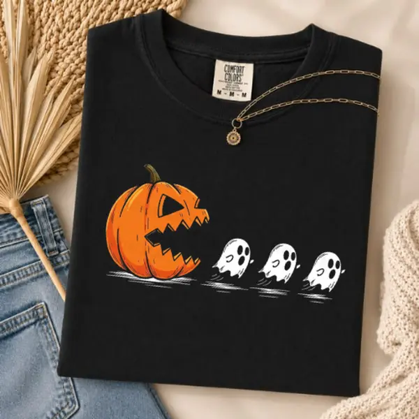 Comfort Colors Halloween Pumpkin Ghost Shirt, Funny Pac Man Pumpkin T-Shirt, Cute Spooky Ghost Graphic Tee, Trick Or Treat Halloween Shirt, Fall Gift Classic Cotton