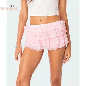 Women’s Layered Ruffle Shorts Casual Elastic Waist Bow Front Solid Color Lace Shorts Going Out Pants