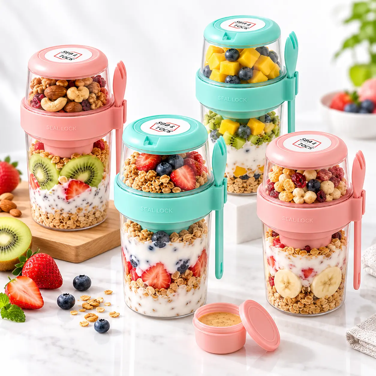 AISOON 4-Pack Kitchen Utensils Set Cylindrical BPA-Free Airtight Overnight Oats Containers, 2-Layer Leakproof 870ml Yogurt Parfait Cups with Lids, Fork & Dressing Cup, Portable for Work & Travel