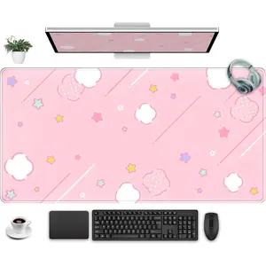 Pink Mouse Pad Large Desk Mat Gaming, Kawaii Desk Pads Stars Mouse Mat XXL Cute Keyboard Pad, Laptop Computer Mat with Non-Slip Base & Stitched Edges, Office Decor for Women 24" x 14"