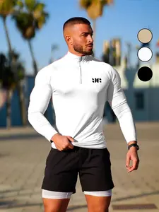 Men's Sporty High Neck Half-Zip Long Sleeve Shirt, Athletic Top, Tight-Fit Quick-Dry Fabric, Ideal for Running & Gym, Essential Wardrobe Item