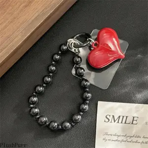1-Pack Handcrafted Red Large Heart Black Beaded Phone Lanyard Stylish Keychain Perfect for Phones Keys Ideal Birthday Christmas New Year Gift summervibes
