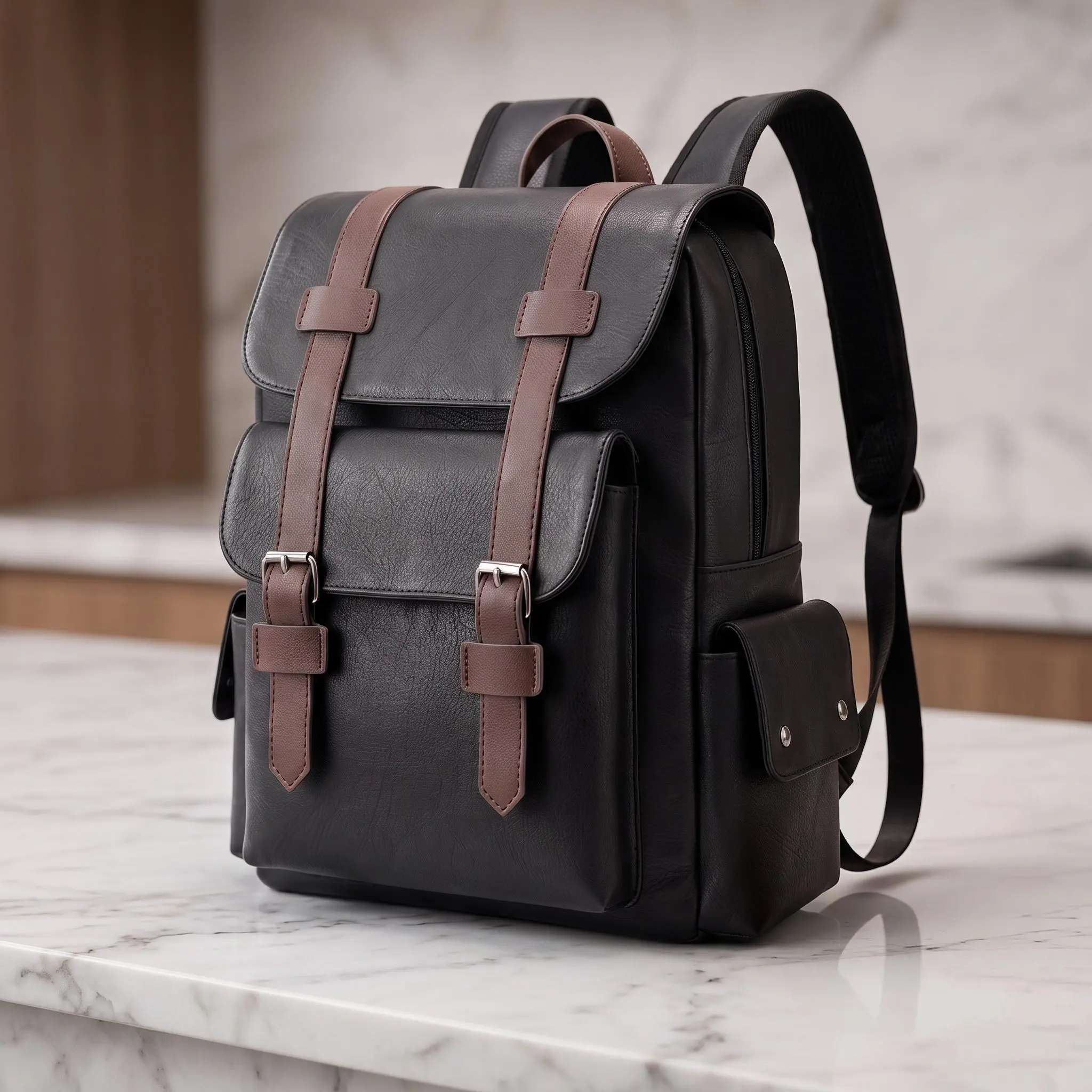 Vintage Soft PU Leather Minimalist Casual Backpack with Large Capacity, Multi-Pockets, Padded Sleeve - Laptop Bag for Students, Business Travel Daypack