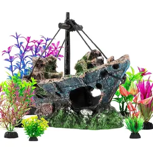 8 count Fish  Decorations Set Sunken Ship Decoration, Material Fish  Accessories Accessories for  Look, Aquarium Shipwreck x 1 count, Aquatic  x 7 count