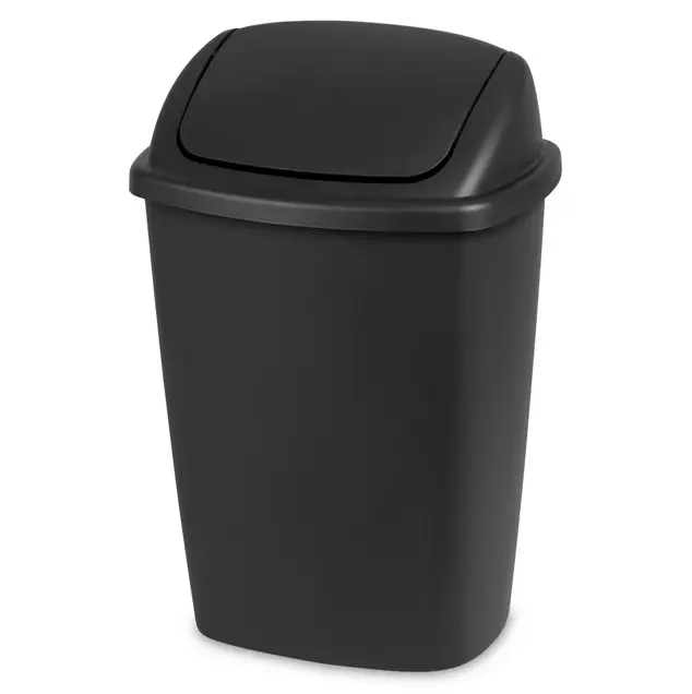 7.5 Gallon Swing Top Kitchen Trash Can – Black Plastic Garbage Bin for Home or Office