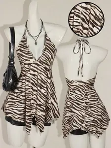 ICON Women's Sexy Backless Halter Zebra Print Top, Summer