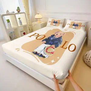 Navy Style Polo Bear Bedding (1 Fitted Sheet, 2 Pillowcases Without Filling) Versatile And Soft For Bedroom Makeover, Gift For Workplace Friends, Practical Luxury Bedroom Souvenir
