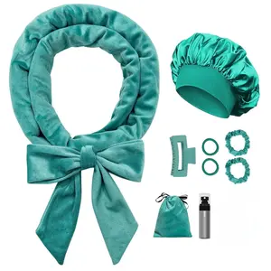 No Heat Overnight Curl Headband, 70" Soft Ribbon Wrap for Long Hair, 9 PCS Hair Curling Rods Set - Blue Green