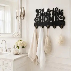 "Bless This Home" Wooden Key Holder & Coat Rack — Wall-Mounted Hook Organizer with Blessing Plaque — Black Artistic Decorative Key Storage Rack featuring 5 Alloy Hooks — Ideal for Entryway, Doorway, Kitchen, and Office Decor