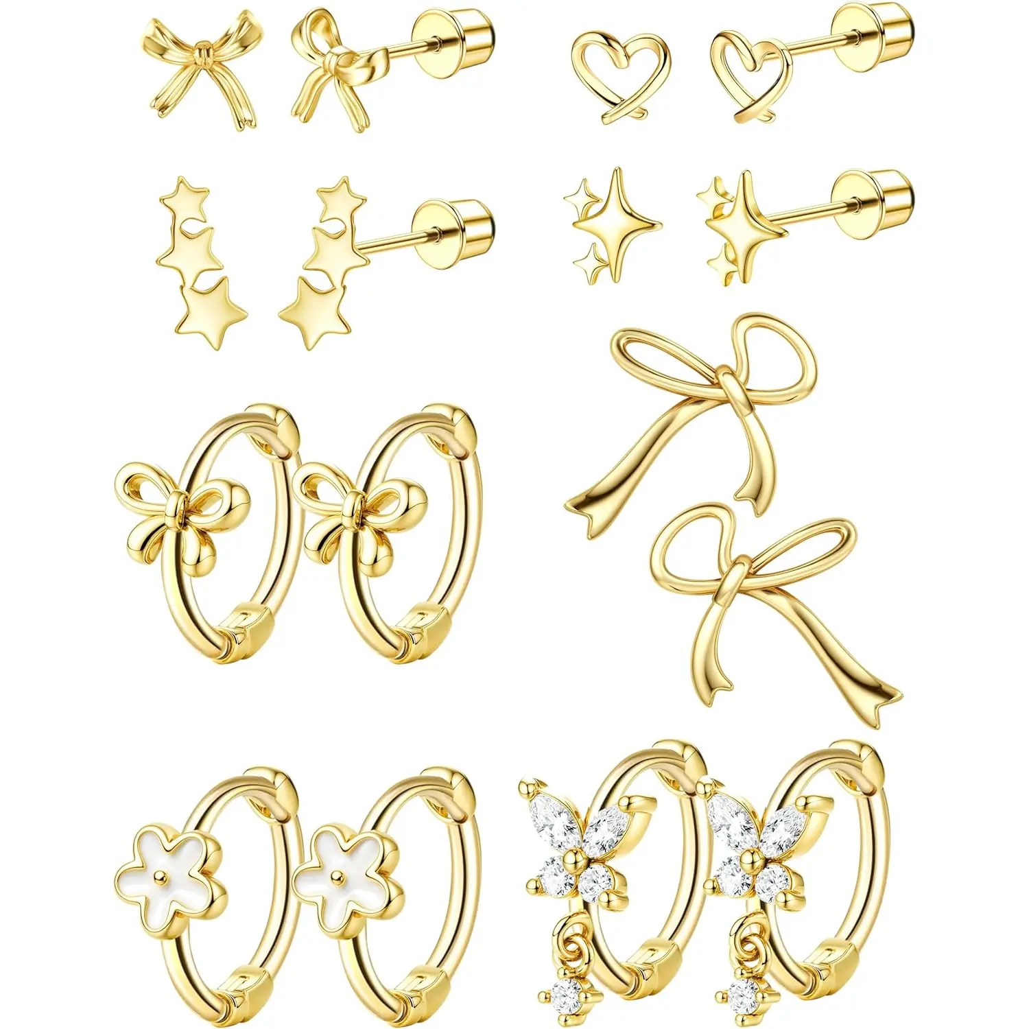 Florideco 8 /11 Pairs Hypoallergenic Earrings for Girls & Women, Surgical Stainless Steel Screw Back Stud Earrings, Gold Plated Earrings for Toddlers & Little Kids, Safe for Sensitive Ears, Cute Hoop & Stud Earring Set for Girls