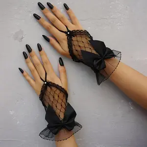 A Pair of Black Y2K Punk-Style Fingerless Gloves Featuring Bow And Lace Details - Designed with a Non-Stretch Texture, Suitable for Women'S Daily Wear, Parties, And Wedding Decorations, Adorned with Decorative Bow Accents.