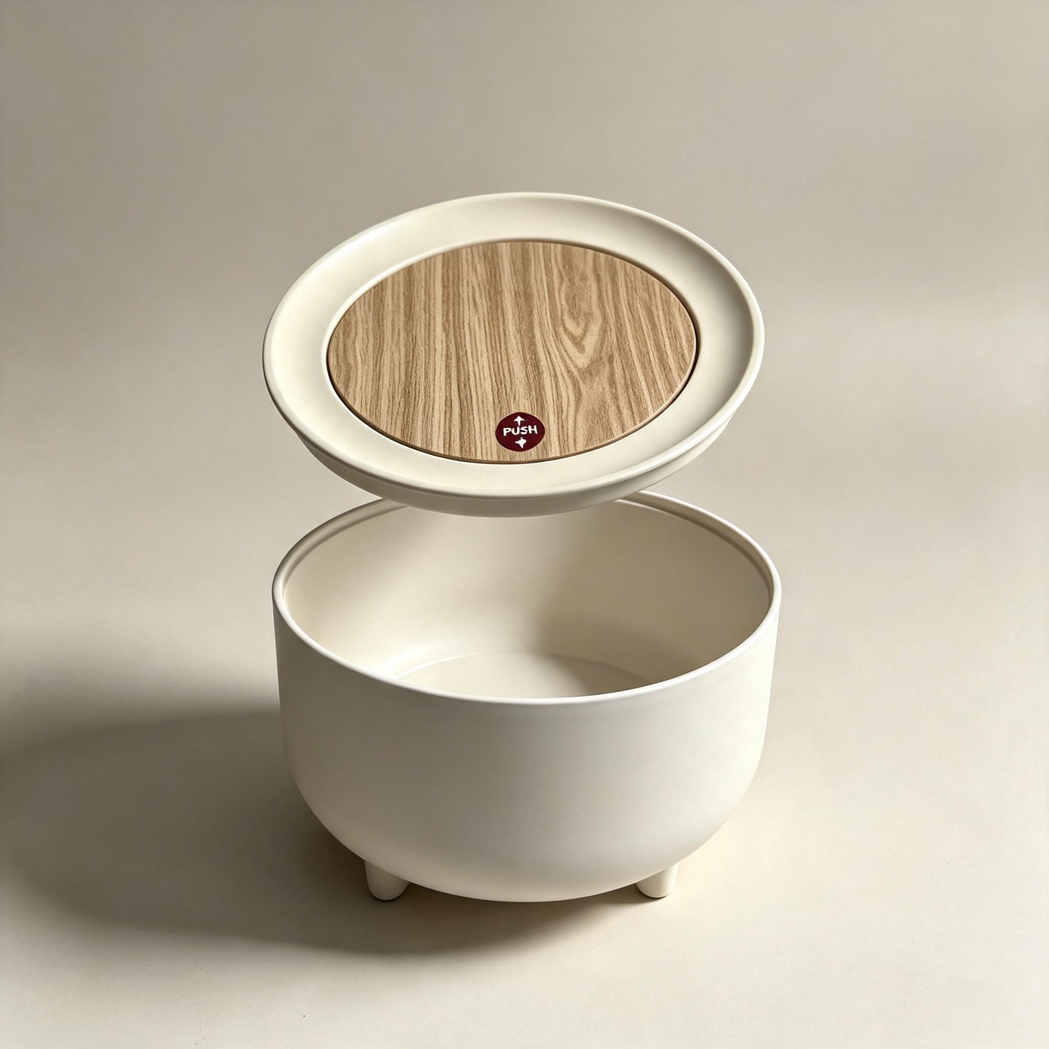 4.4L Mini Desktop Trash Can - Wood-Grain Push Lid, Round Waterproof Plastic, Single-Compartment Odor Blocking, 4 Non-Slip Feet, Desk Storage for Office Desks Small Spaces Daily Use