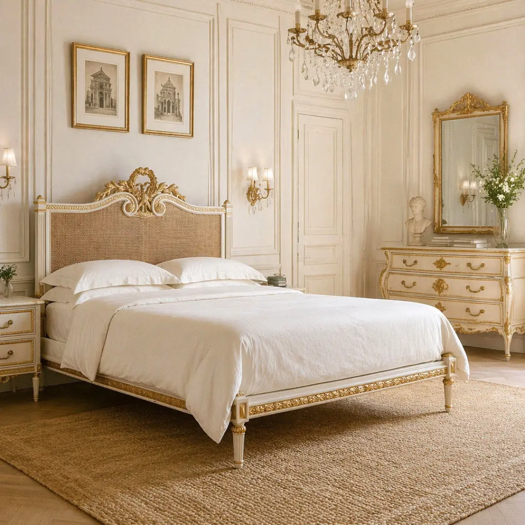 Framed King Size Gilt Cane Bed - French Chic Indoor Furniture with Sturdy Structure, Classic Design, Soft Comfort, Boston, Laurel Motif