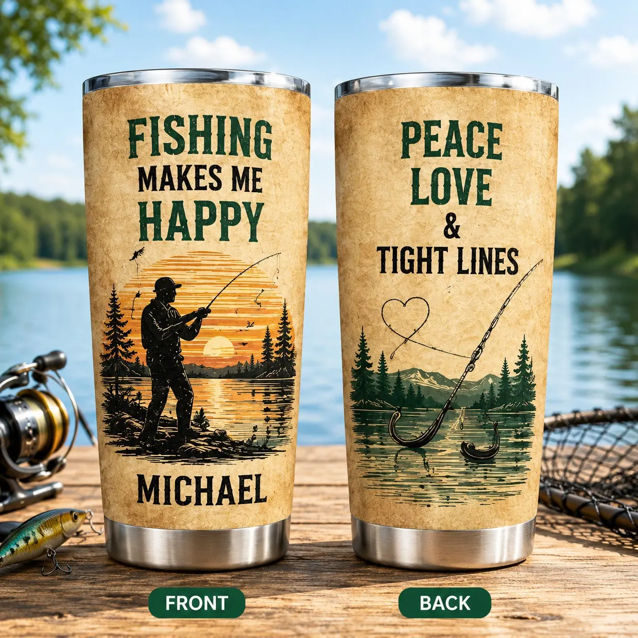 Fishing Makes Me Happy Tumbler, Peace Love and Tight Lines Cup, Personalized Angler Gift, Custom Name 20oz Insulated Mug