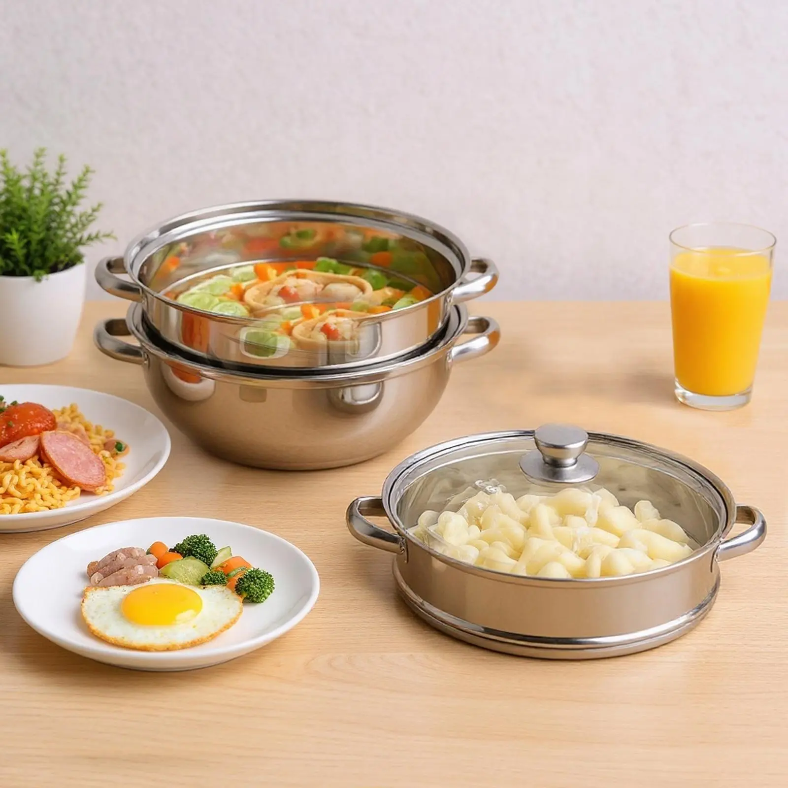 3-Tier Stainless Steel Steamer Pot 28cm Meat Vegetable Cooking Kitchen Steamer Cooker Multi-Layer Food Cookware with Handle for Gas Electric Stove Dumpling Stock Sauce