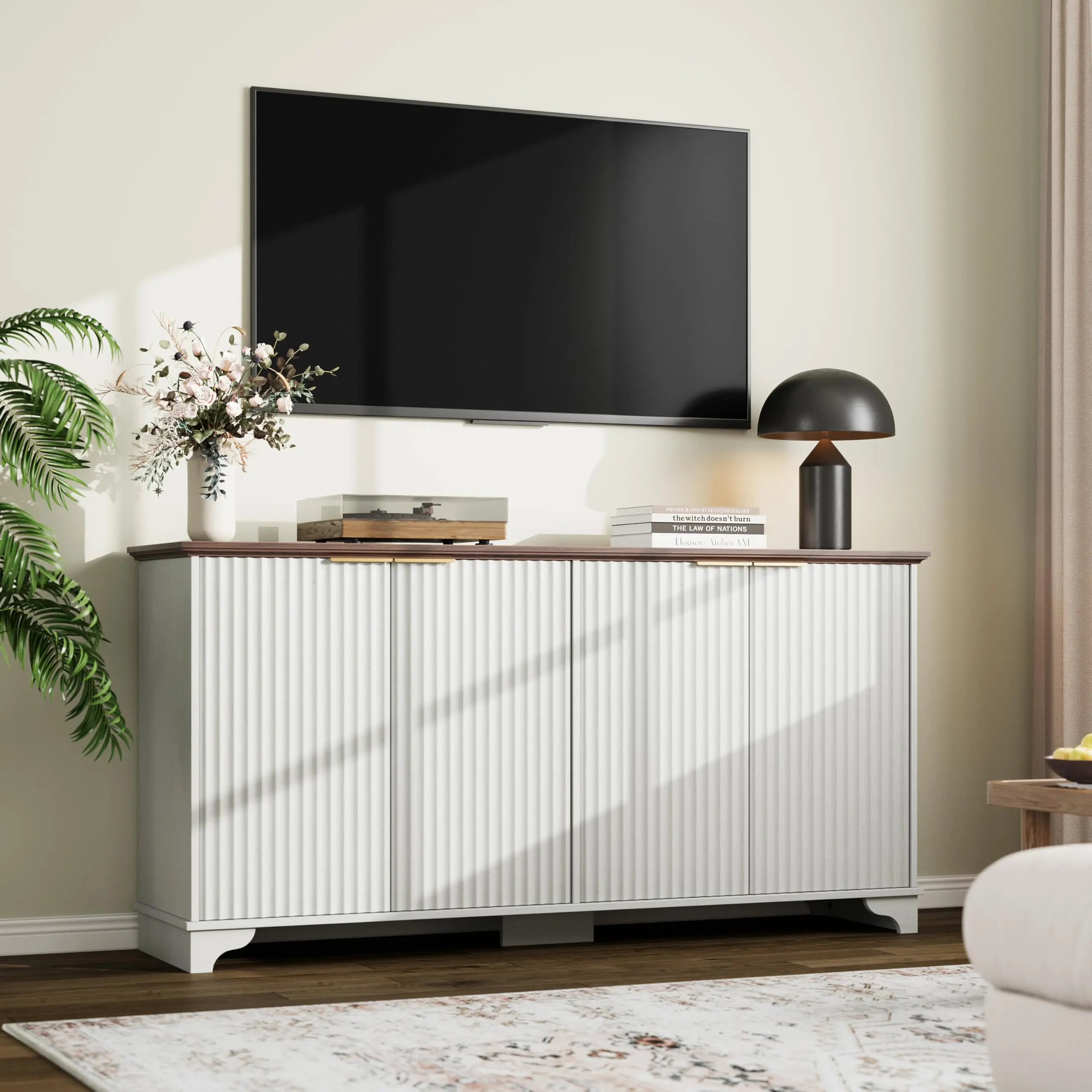 【GARVEE】61" Sideboard Buffet Storage Cabinet - Accent Console Credenza Table, Modern Kitchen Cupboard with 4 Fluted Panel Doors, Farmhouse Coffee Bar Cabinets for Dining Living Room, Home Office, White Oak